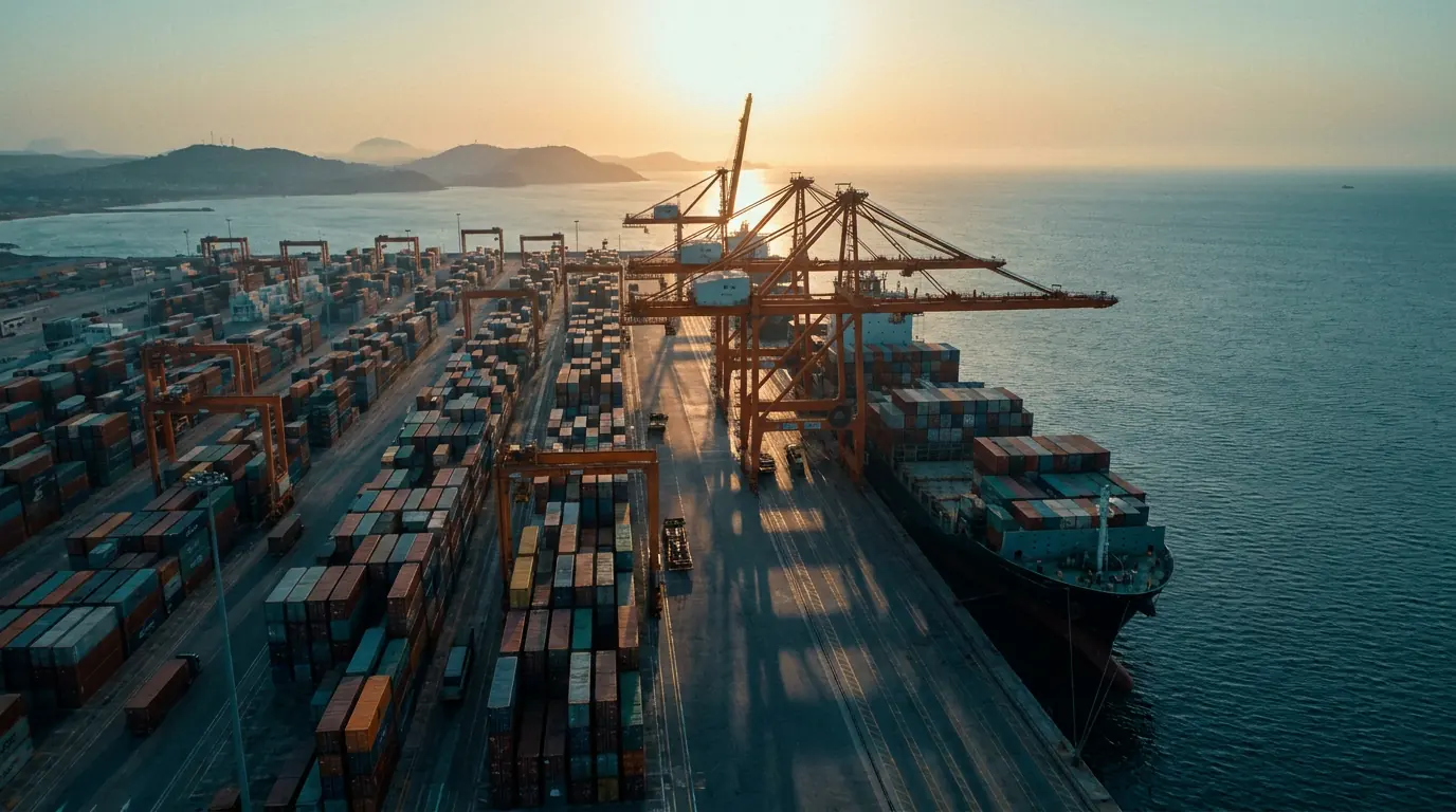 Aerial view of a deep-water Atlantic container port at dusk — documentary placeholder for Angolan infrastructure